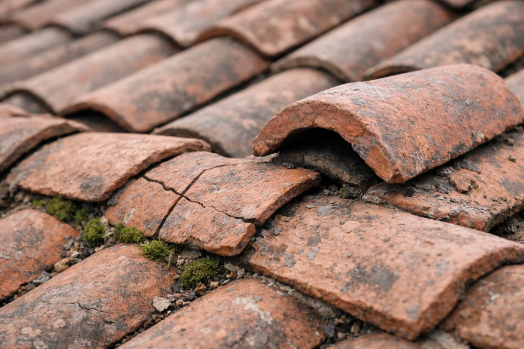 Close-up of cracked and broken clay roof tiles with moss growth, showing weather damage and need for repair.