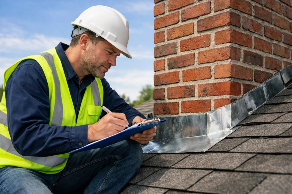 Roofing inspector in safety gear checking chimney flashing on a brick roof, noting details on a clipboard under a clear sky.