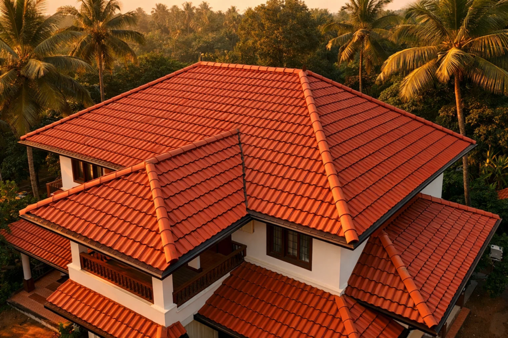 Aerial view of a house with a clean red tiled roof surrounded by palm trees, showcasing well-maintained roofing.