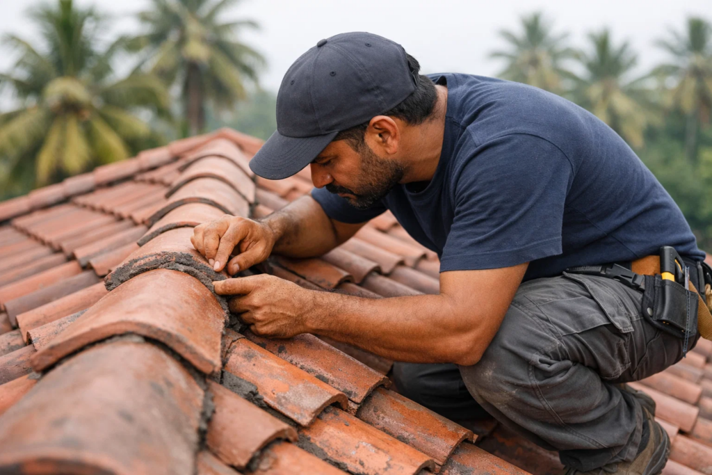 Roofer repairing clay roof tiles, applying mortar and fixing ridge tiles on a residential house.