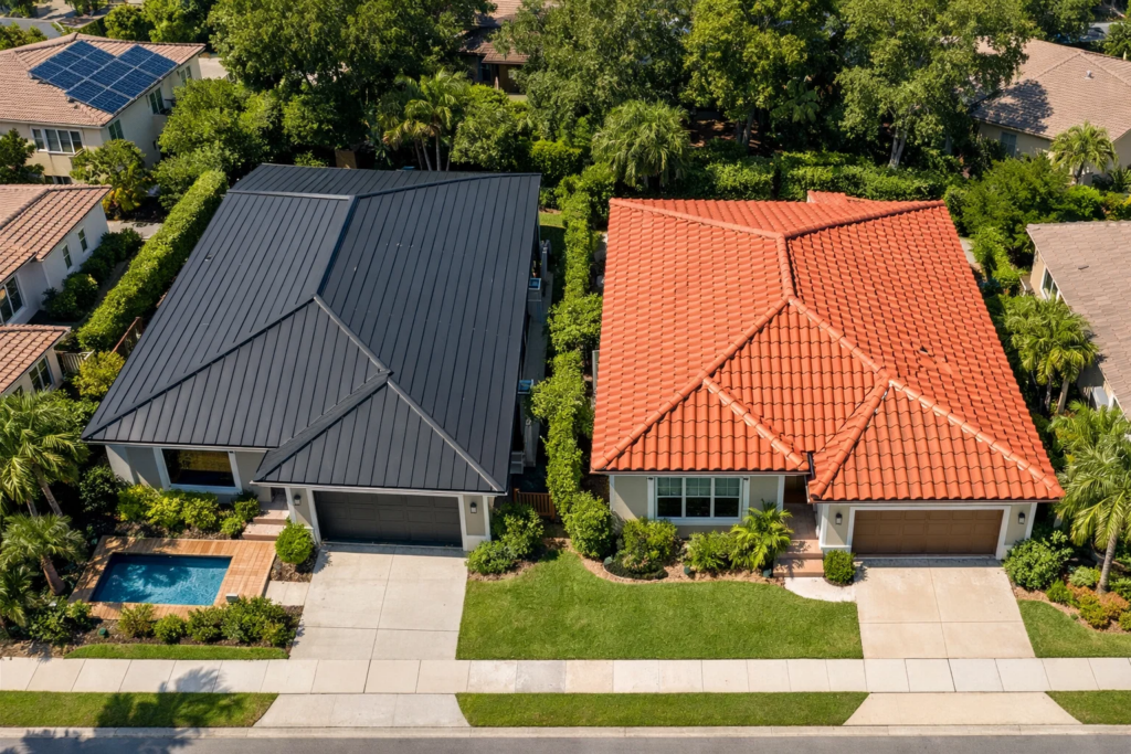 Aerial view of two neighboring homes—one with dark metal roof, one with terracotta tile roof—lush suburb, bright sun, no people.