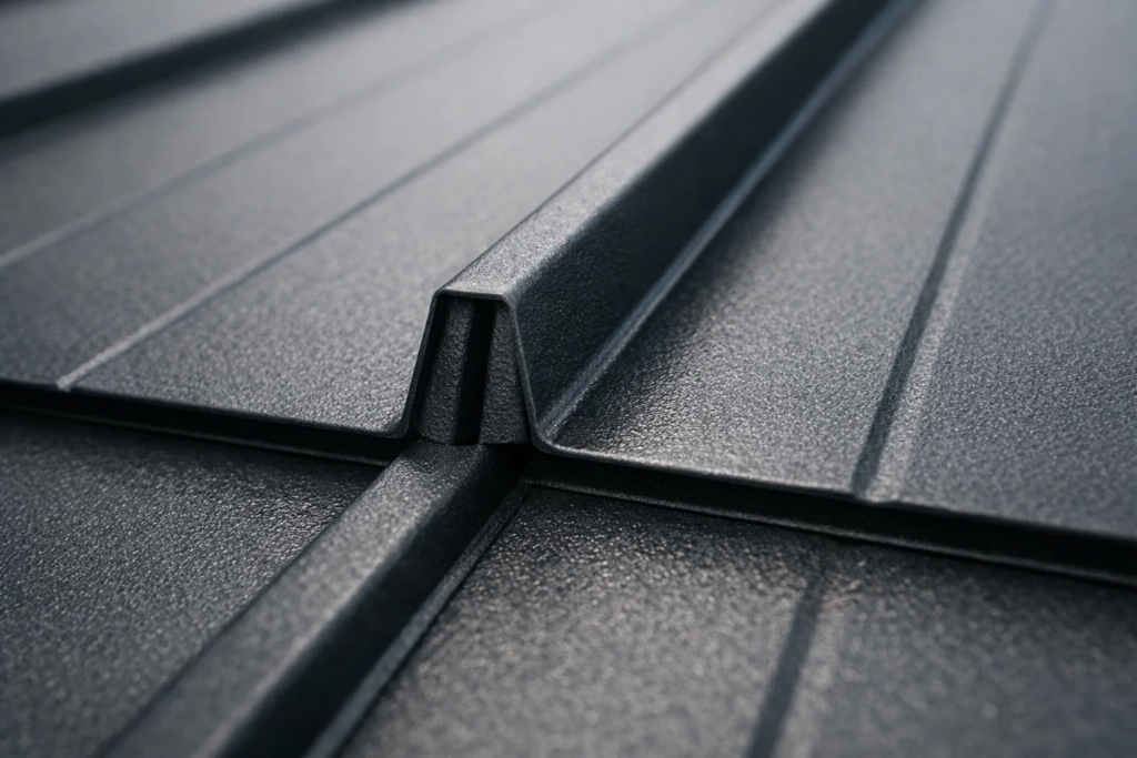 Close-up of charcoal grey standing seam metal roof panel showing raised seams and texture in natural daylight, shallow depth of field.