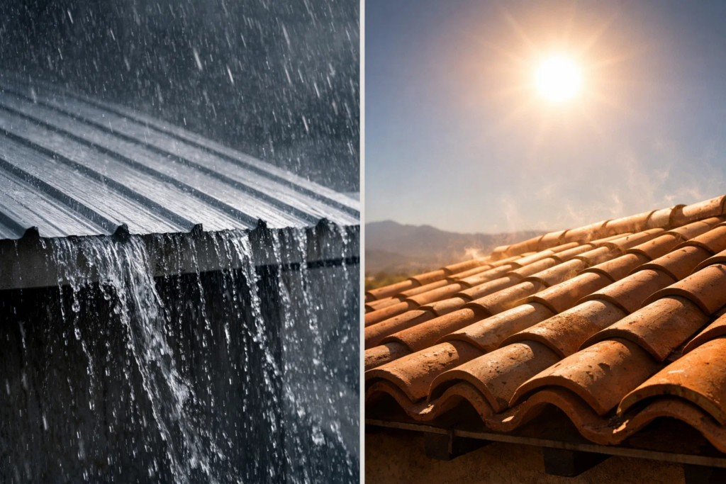 Split image: metal roof in heavy rain with water flowing off smoothly, clay tile roof under hot sun with visible heat shimmer.