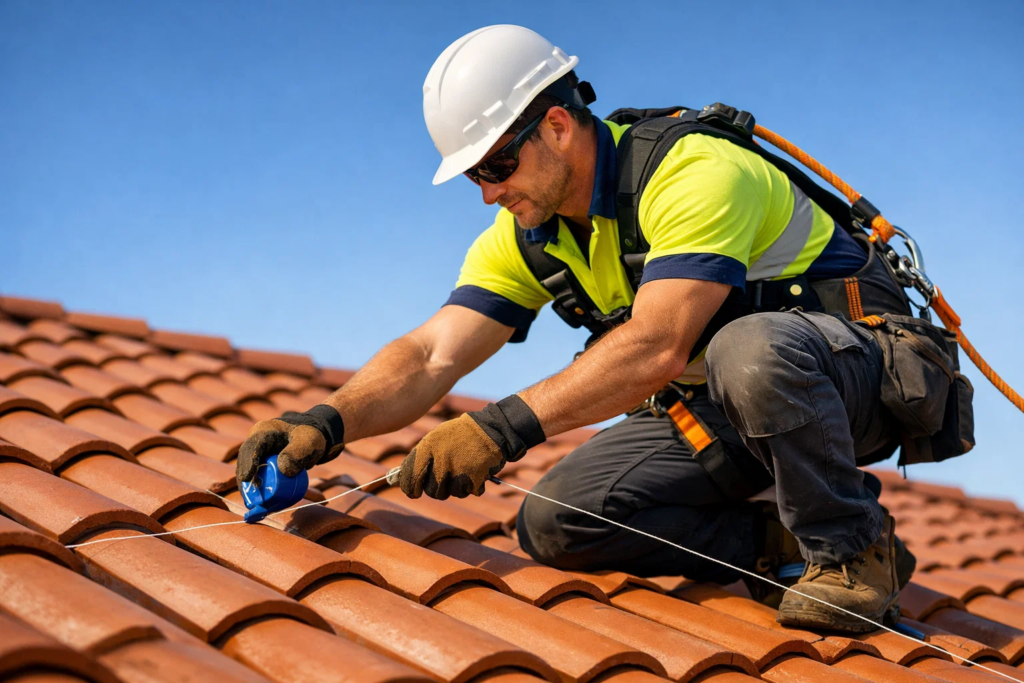 Roofing contractor in safety gear using a chalk line on a new tile roof under clear blue sky, warm light, action shot.