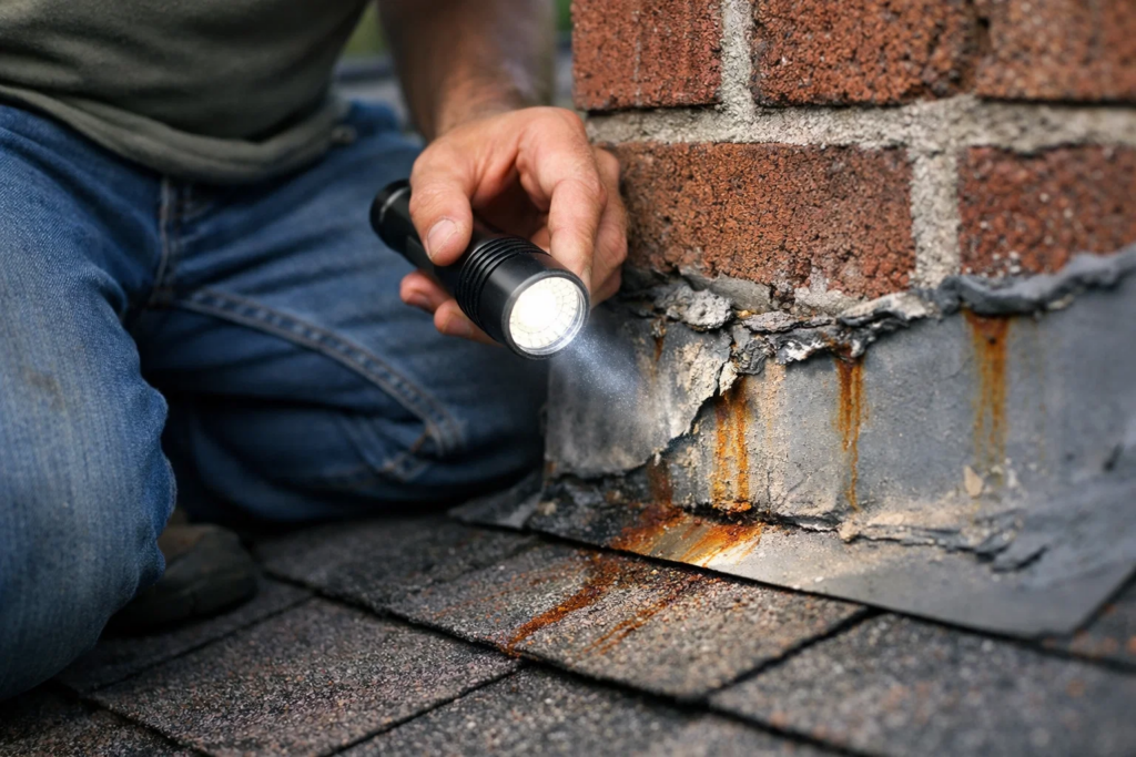 Homeowner inspecting chimney flashing on roof with flashlight, showing worn caulk and rust stains