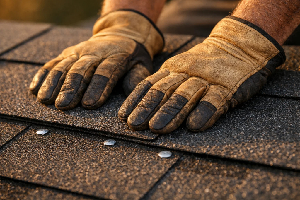 Close-up of a roofer in leather gloves pressing a dark grey asphalt shingle into place, nails visible in warm sunlight.