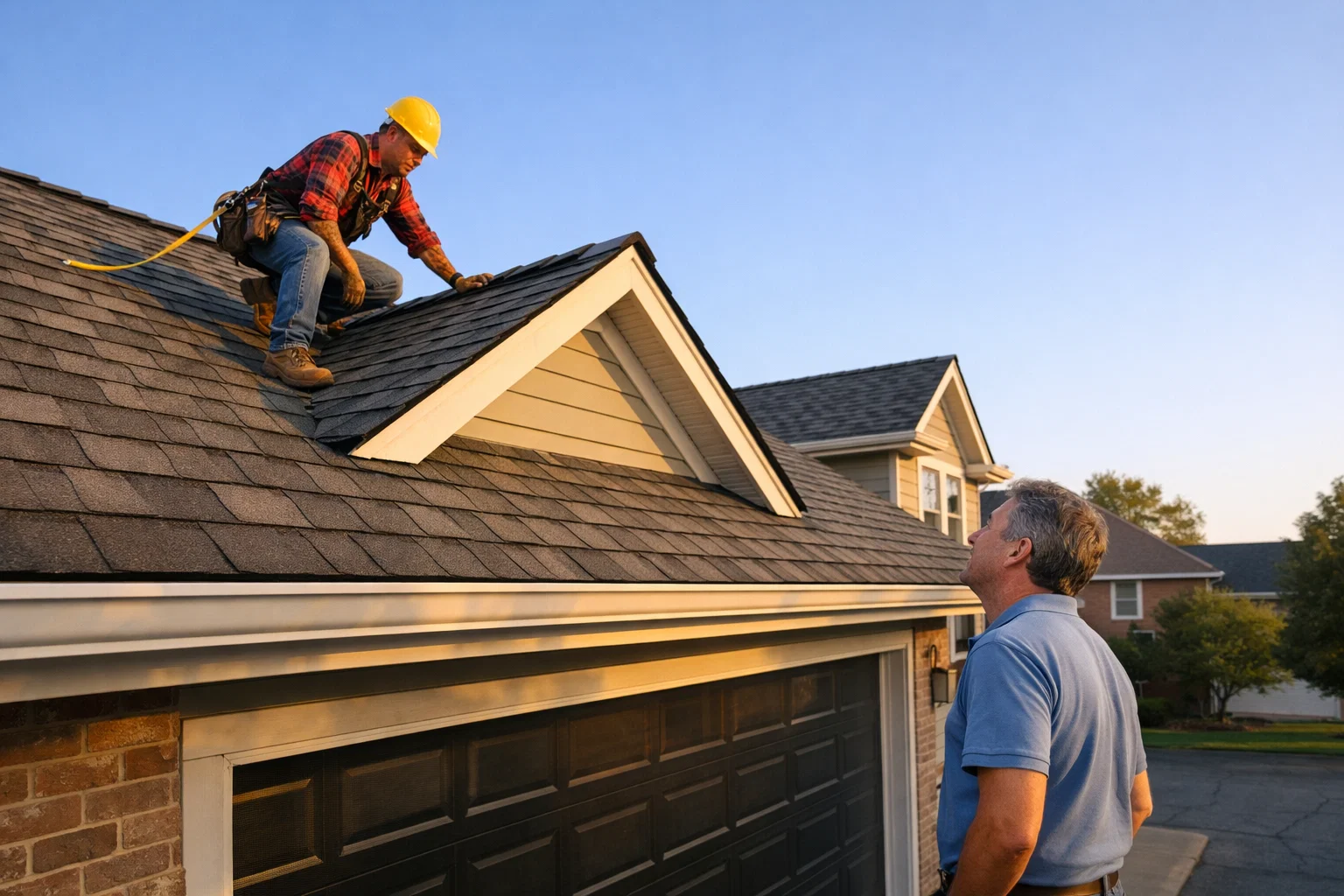 Roofer in safety gear repairing shingles on a house roof while homeowner looks up from driveway.