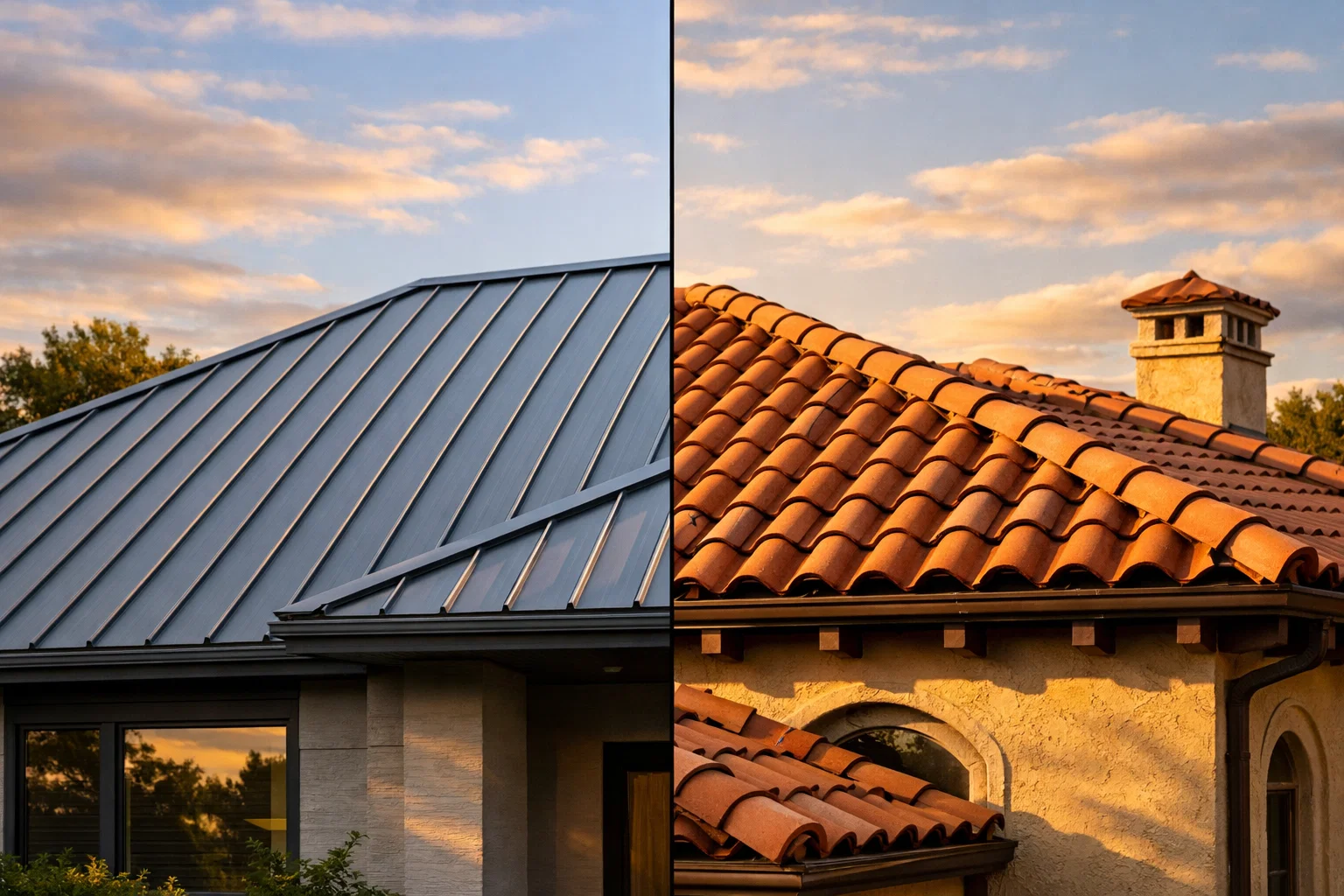 Split image of modern metal roofing vs traditional clay tile roofing on residential homes under a clear sky.