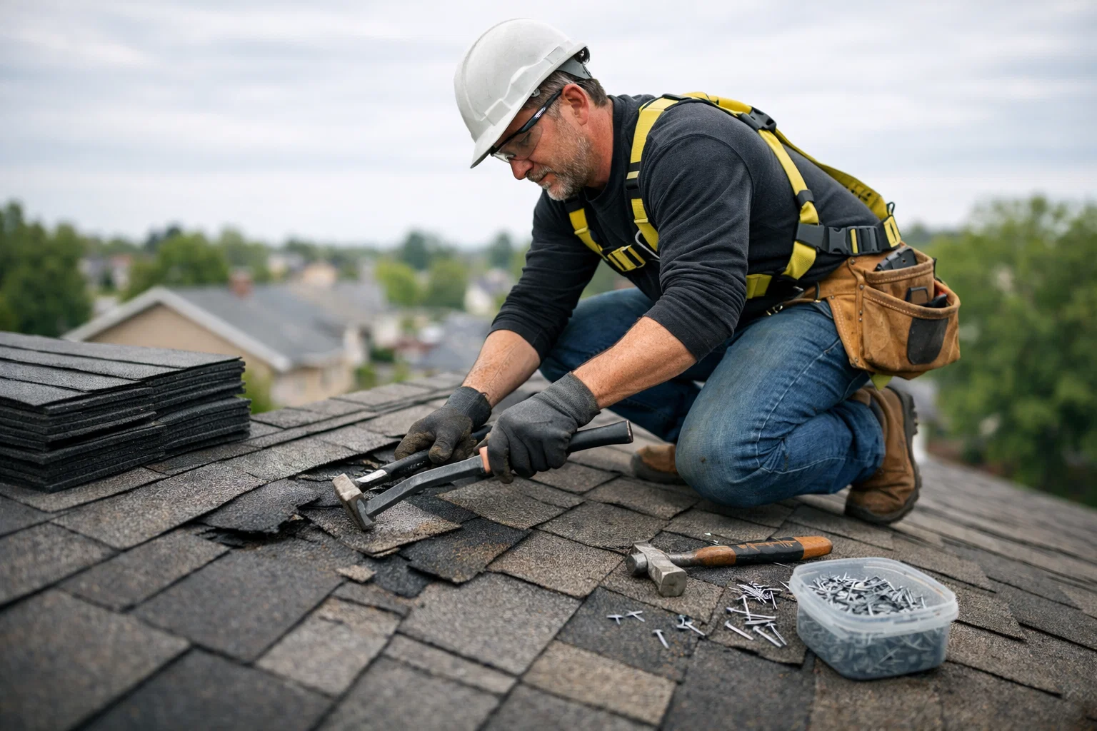 Contractor in safety harness replacing damaged shingles on a pitched roof, using tools with materials nearby, suburban background blurred.