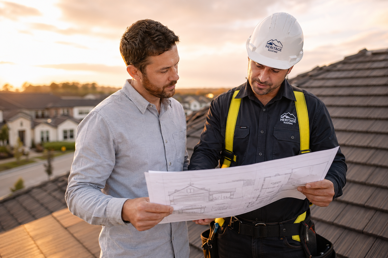 Roofing contractor and homeowner reviewing plans on a residential rooftop at sunset, highlighting professional inspection and planning.