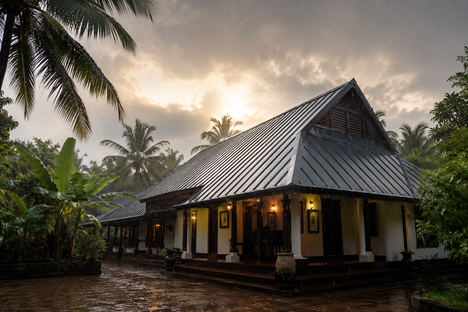 Best roofing material for Kerala climate — metal roof on traditional Kerala home during monsoon