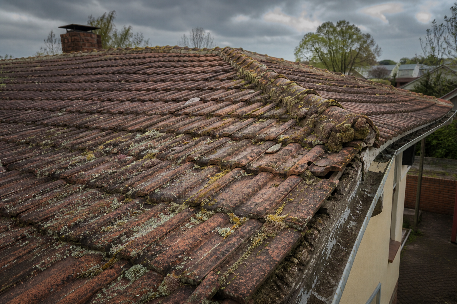 Weathered roof with cracked clay tiles, moss growth, and a sagging ridge, indicating aging and potential structural issues.