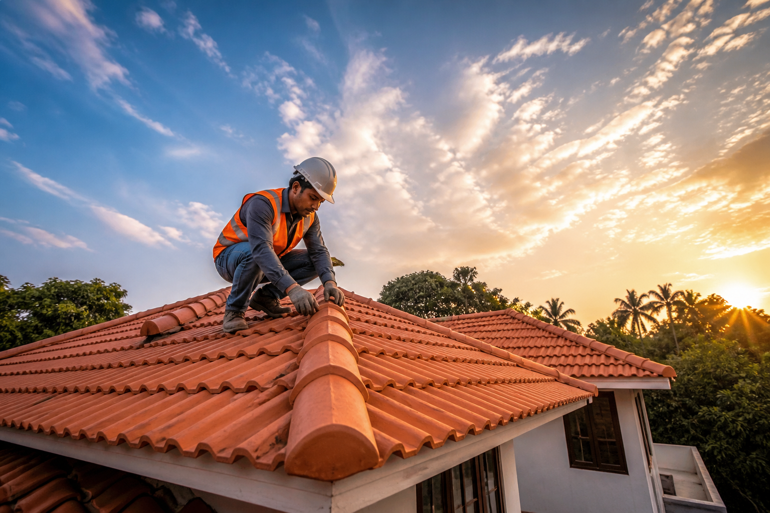 Roofing contractor inspecting ridge tile on terracotta roof at sunset, wearing helmet and safety vest on modern home