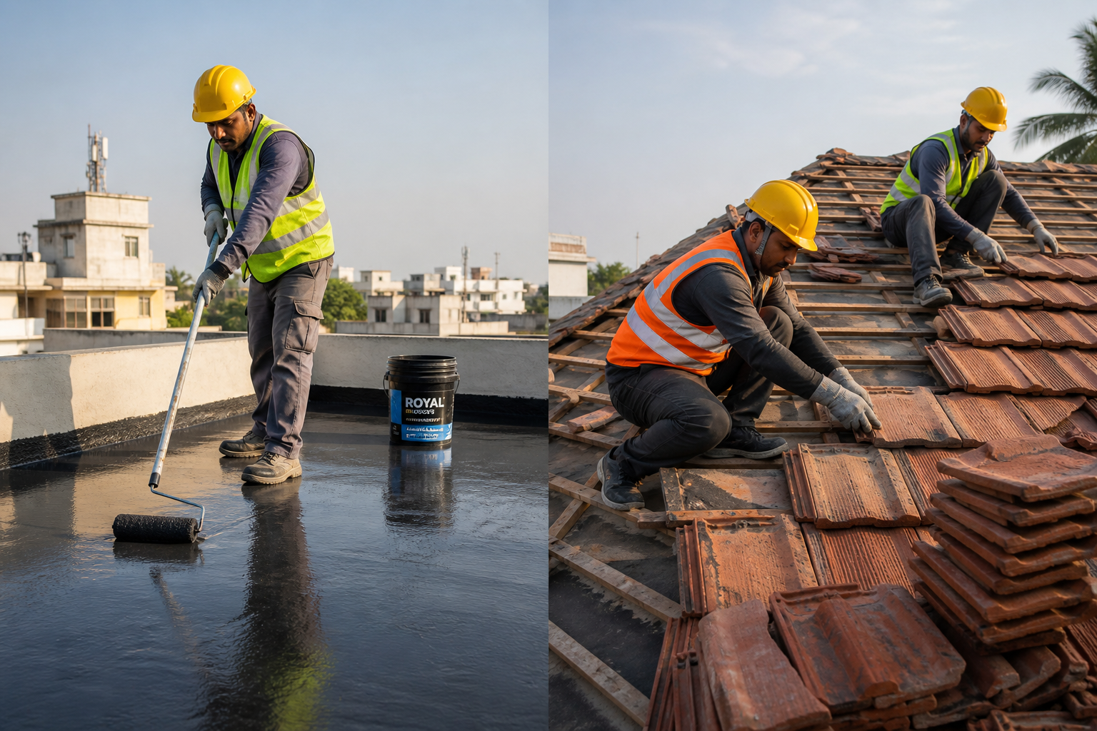 Split image of roof waterproofing on a flat roof and tile replacement on a sloped roof by construction workers
