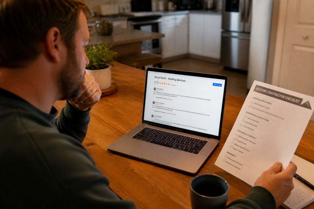 Homeowner reviewing roofing company reviews on a laptop while holding a checklist at a dining table.