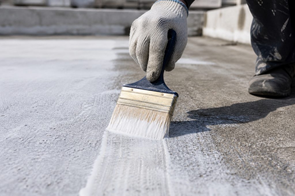 Close-up of gloved hand applying white waterproof coating on concrete roof with a brush in bright day