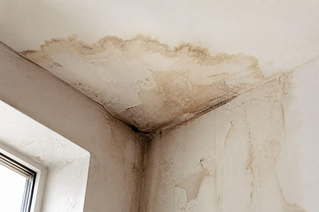 Water-damaged ceiling corner with brown stains, peeling paint, and cracks caused by roof leakage.
