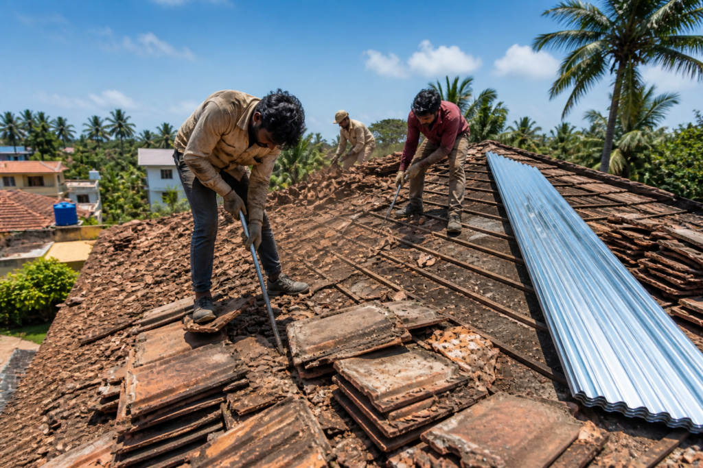 Three workers removing old clay roof tiles with new metal sheets stacked on a sunny residential rooftop