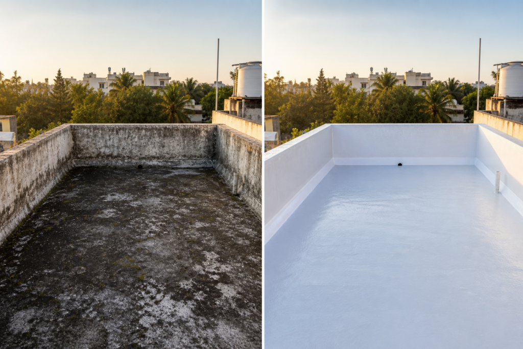 Before-and-after flat roof showing damaged, stained surface vs clean white waterproofed roof with sealed joints