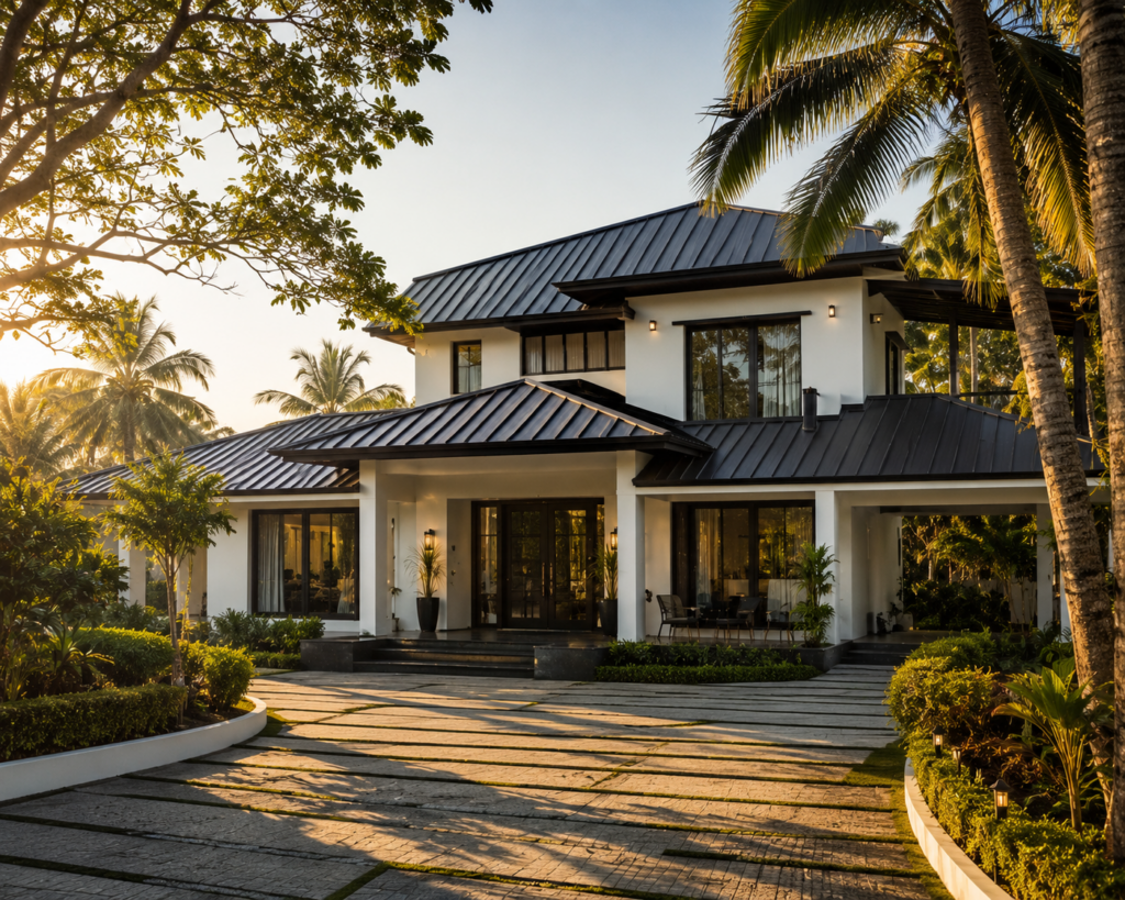 Modern Kerala villa with colour-coated metal roof — best roofing material for Kerala climate.