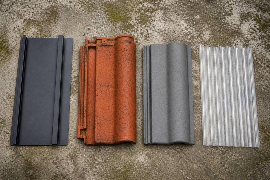 Roofing material samples compared — metal, clay tile, concrete tile, and polycarbonate for Kerala homes