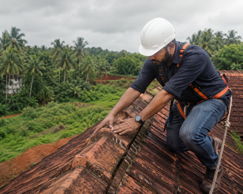  Professional roof inspection on Kerala clay tile roof before monsoon season