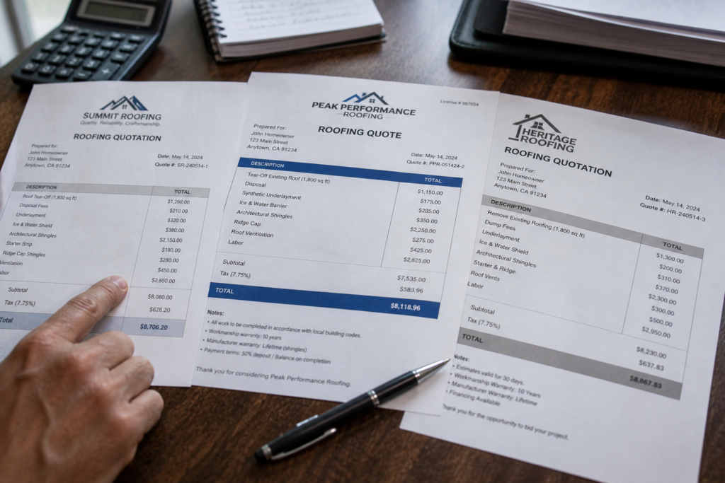 Close-up of roofing quotation documents on a desk with a pen and hand pointing at cost details for review.