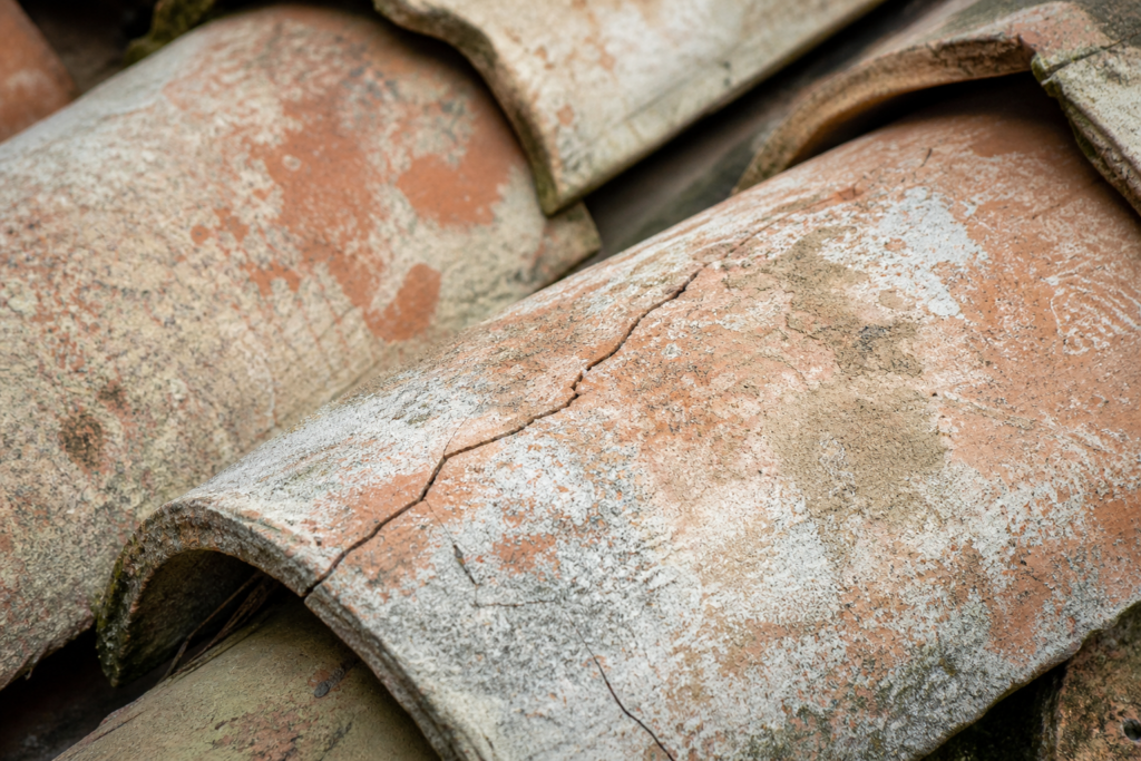 Extremely close-up view of aged clay roofing tiles showing cracked, weathered surfaces with faded terracotta color and fine diagonal fractures under soft natural daylight.