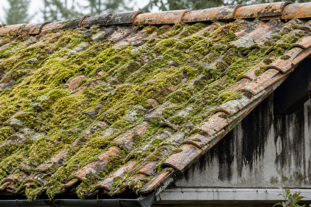 Moss-covered clay tile roof with algae streaks, damp surface, and visible erosion on weathered tiles under overcast light.