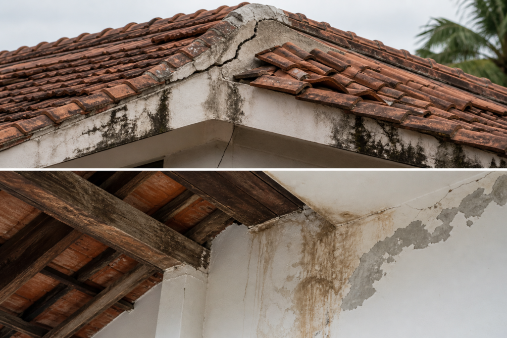 Cracked roof tiles and severe water leakage causing damp walls, mold growth, and structural roof damage.