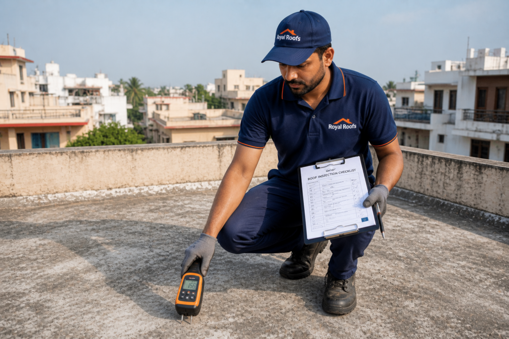 Technician using moisture meter on RCC terrace roof, holding checklist, inspecting residential rooftop in daylight
